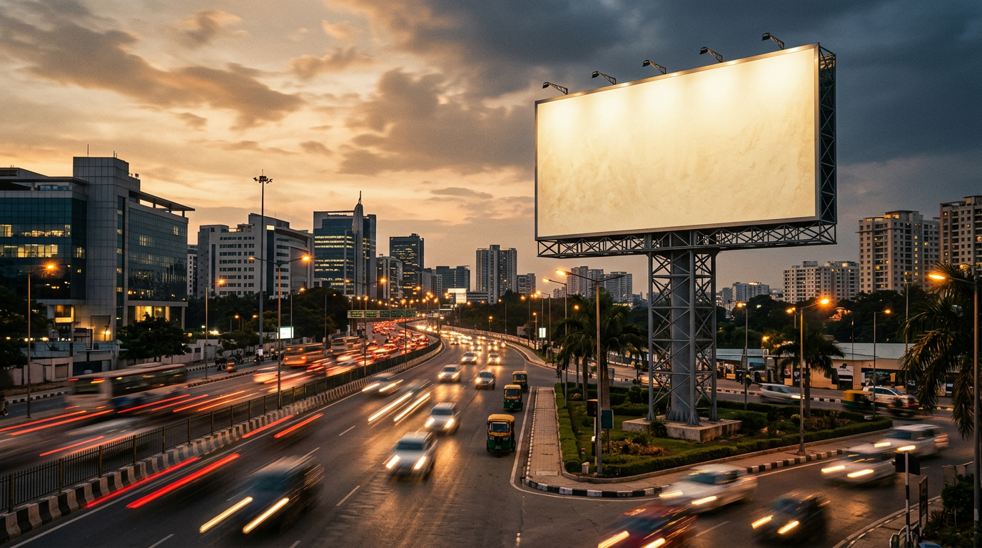 Illuminated billboard beside a city road